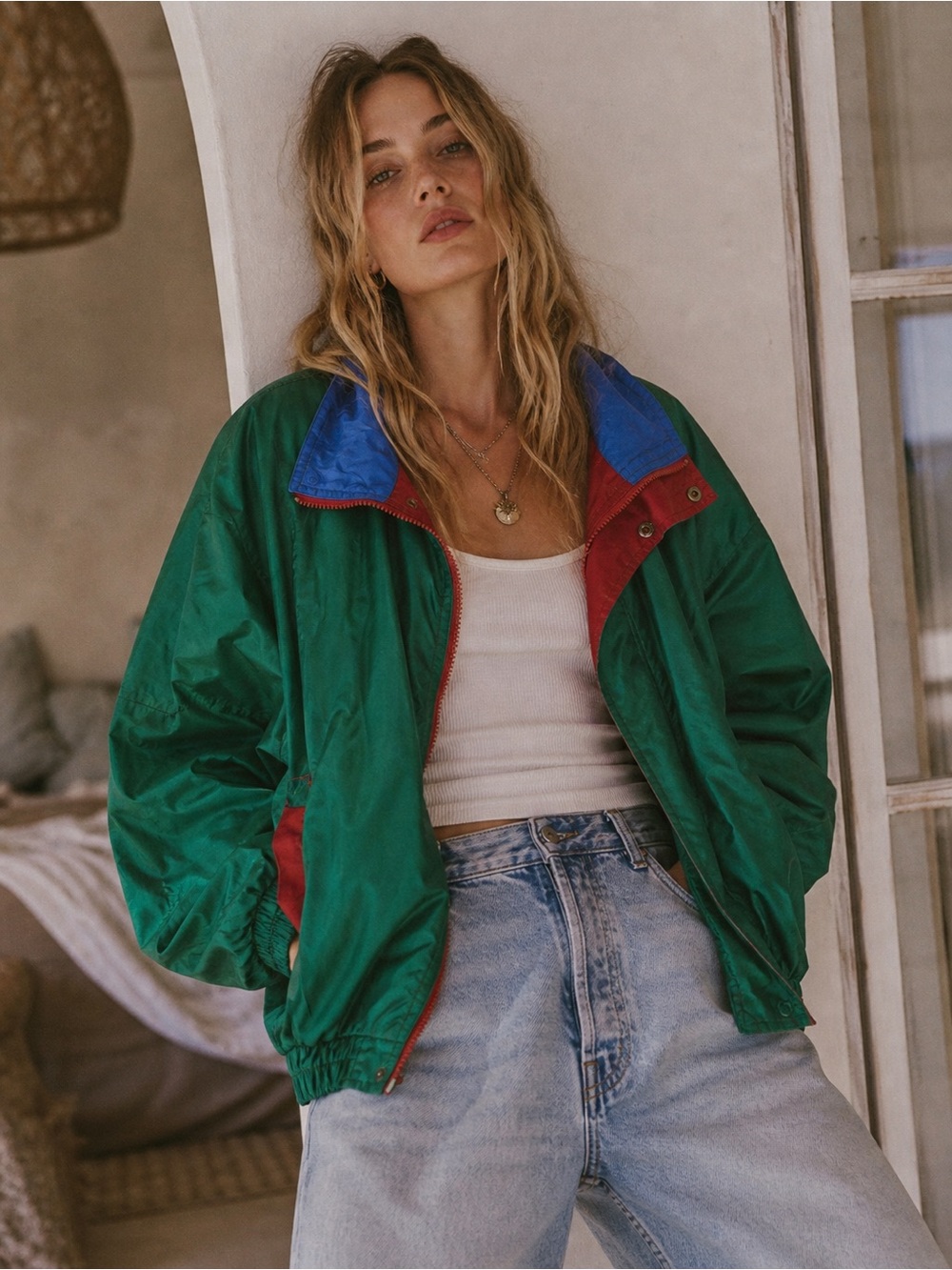 VINTAGE 90s Green Performance Jacket with Blue Hood and Red Accents
